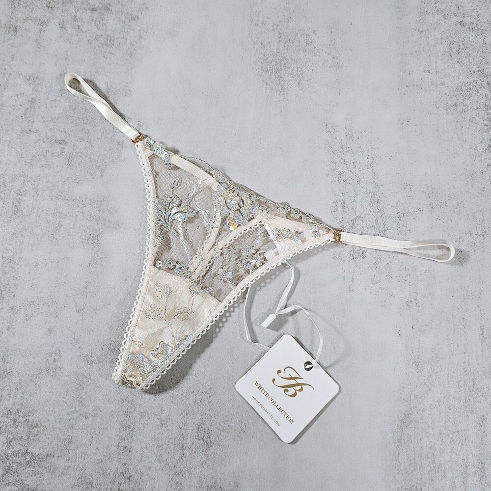 Honey Birdette Whitney Ivory Thong Panty Holographic Floral Embroidery Size M